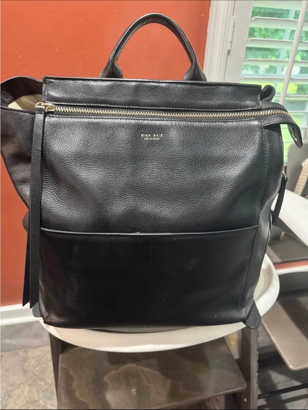 Mina Baie Black Leather Baby Backpack